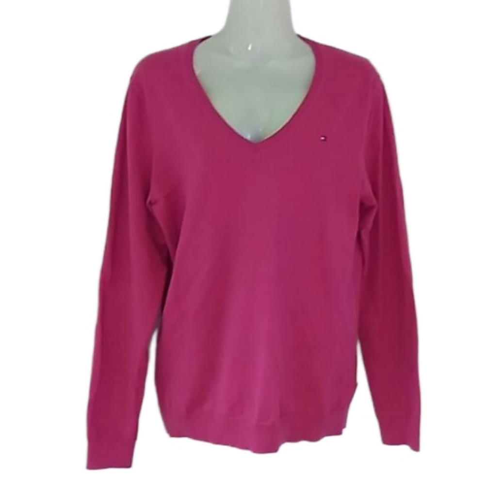 TH Pima Cotton Blend Fuschia V Neck Women's Sweater Size L EUC